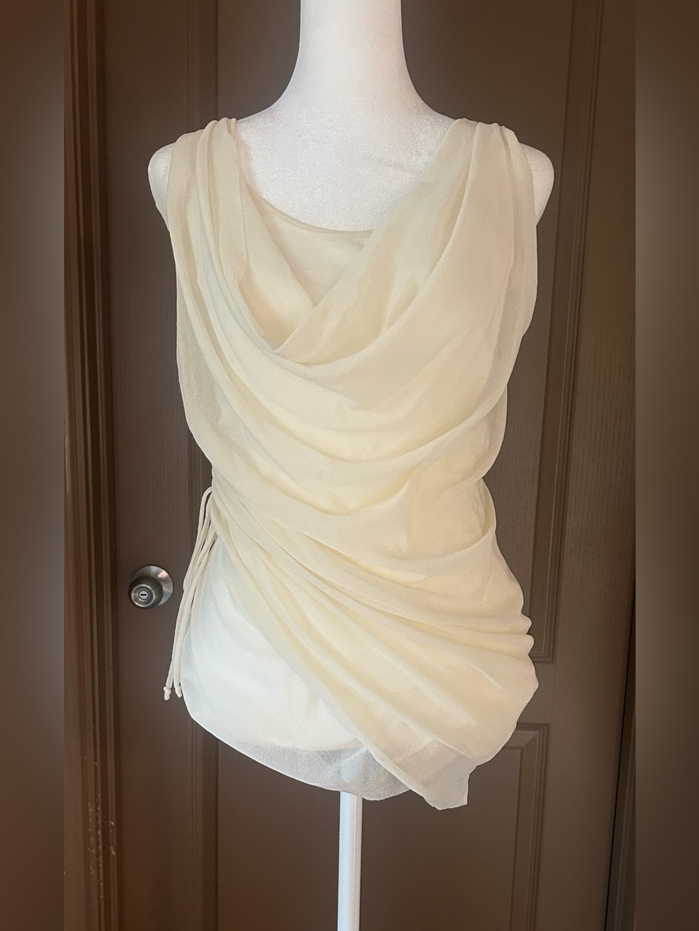 Fuzzi Draped Ruched Mesh Tank Top Size L Made in Italy Ivory